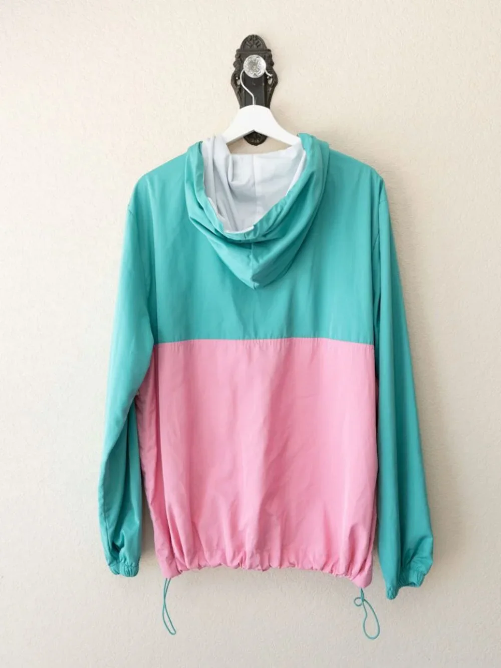 Forever 21 Windbreaker Womens L Pink Turquoise Colorblock Hooded Jacket Y2K